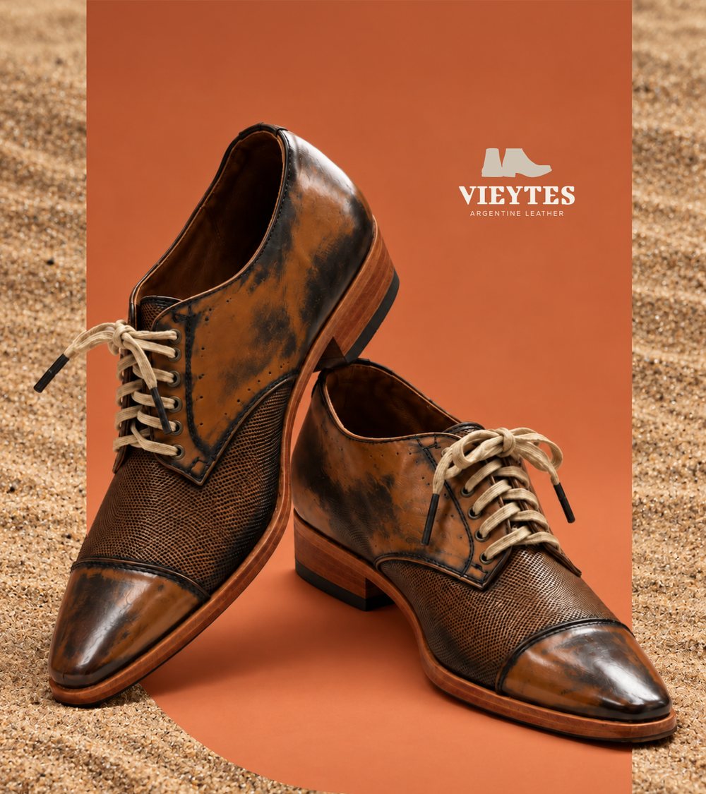 Patina derby pair on terracotta
